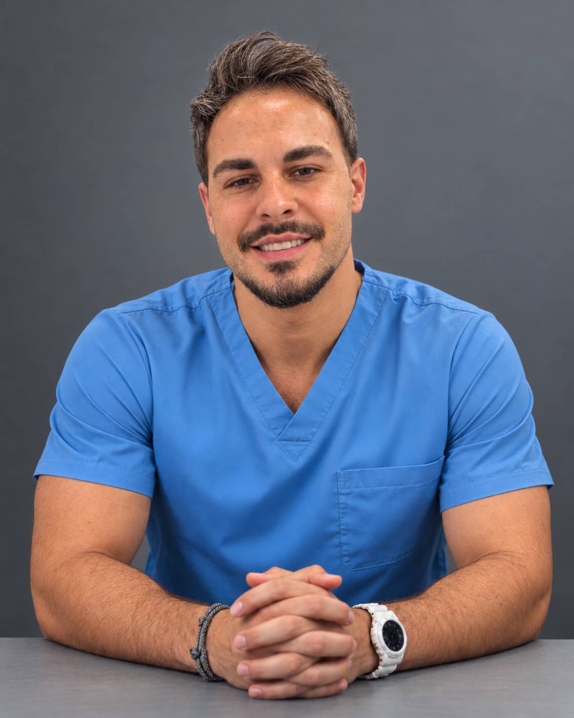 Michail Koutsoudakis seated, in blue scrubs, smiling, with his hands clasped on the table